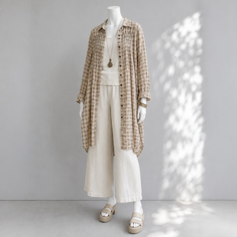 Cabbages & Roses Tunic UK 10 US 6 Tan Linen Cotton Lagenlook Oversize Button Top - Picture 9 of 14
